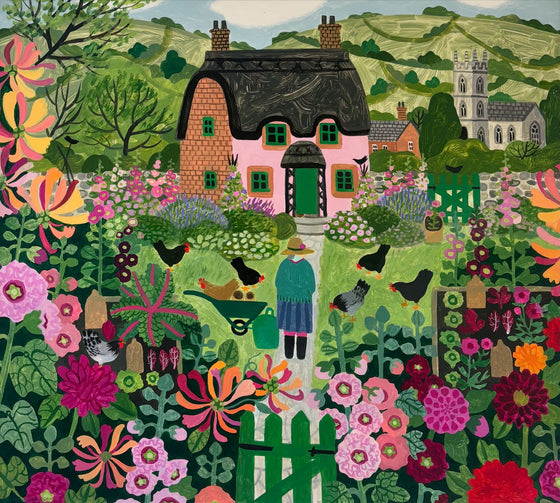 Pink Cottage and Hollyhocks