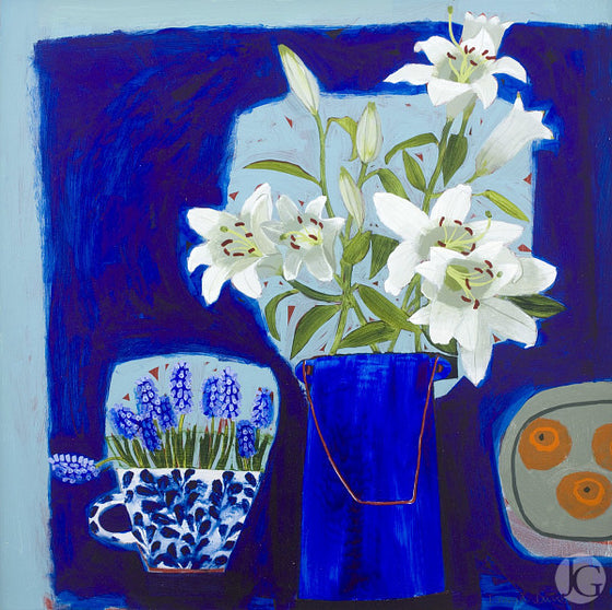 White Lillies, Grape Hyacinth and Clementines