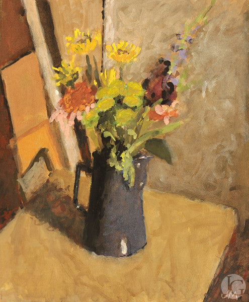 Flowers in a Blue Coffee Pot