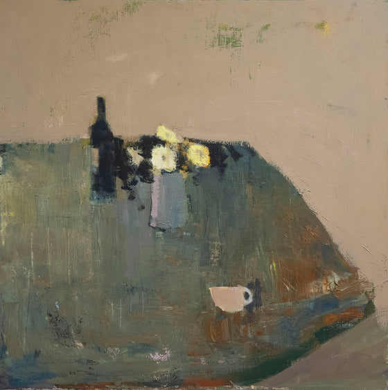 Tabletop with Wine Bottle, Coffee Cup and Flowers